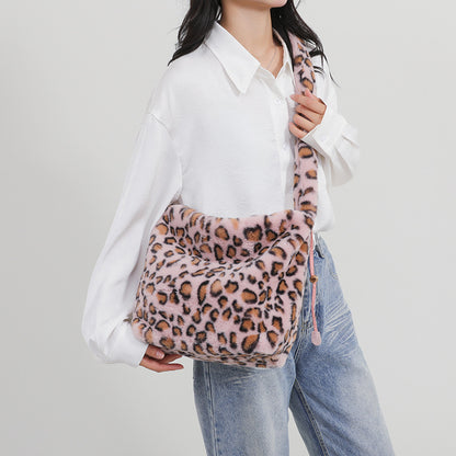 Leopard Print Plush Dumpling Shape Tote Bag For Women Featuring Sewing Thread Detail, Perfect For Autumn And Winter