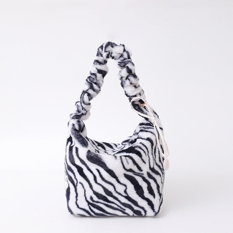 Leopard Print Plush Dumpling Shape Tote Bag For Women Featuring Sewing Thread Detail, Perfect For Autumn And Winter