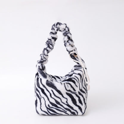 Leopard Print Plush Dumpling Shape Tote Bag For Women Featuring Sewing Thread Detail, Perfect For Autumn And Winter