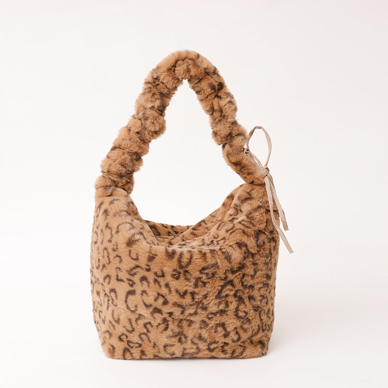 Leopard Print Plush Dumpling Shape Tote Bag For Women Featuring Sewing Thread Detail, Perfect For Autumn And Winter