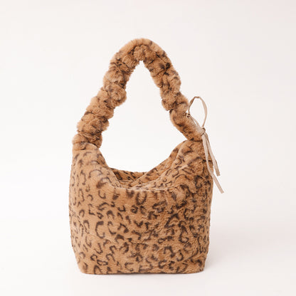 Leopard Print Plush Dumpling Shape Tote Bag For Women Featuring Sewing Thread Detail, Perfect For Autumn And Winter