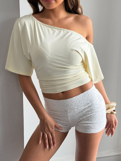 Short Sleeves Solid Color One-Shoulder T-Shirts Tops