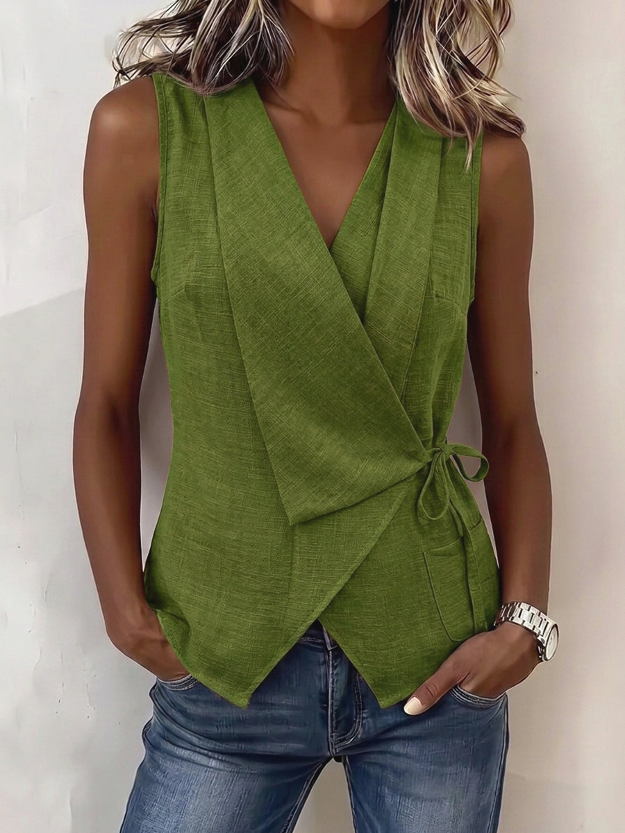 Tied Solid Color Asymmetric Sleeveless V-neck Blouses&shirts Tops