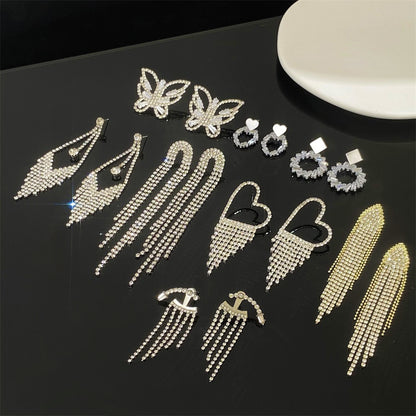 Long Tassel Earrings For Women Super Shiny Butterfly Heart-shaped Rhinestone Pendant Stud Earrings Shiny Jewelry