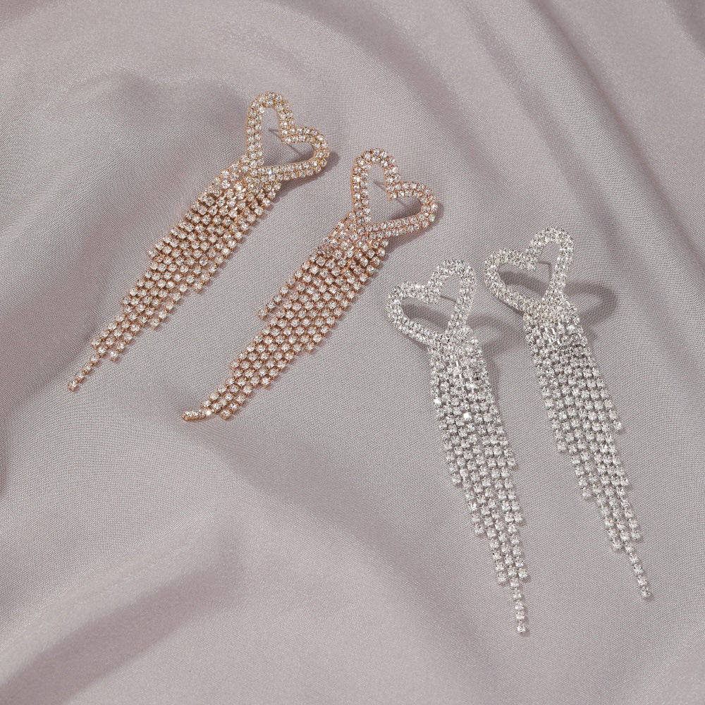 Long Tassel Earrings For Women Super Shiny Butterfly Heart-shaped Rhinestone Pendant Stud Earrings Shiny Jewelry