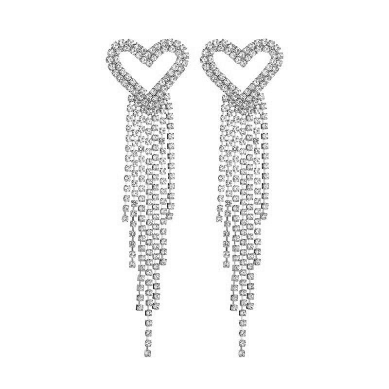 Long Tassel Earrings For Women Super Shiny Butterfly Heart-shaped Rhinestone Pendant Stud Earrings Shiny Jewelry
