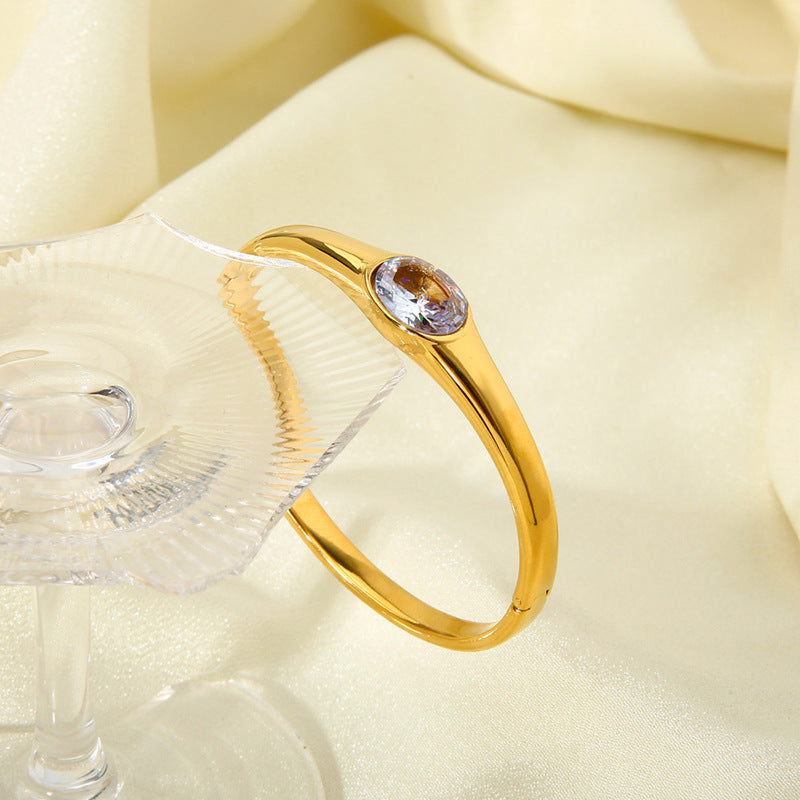 Oval Bangle For Women In Metal Featuring 18K Real Gold Plating And Zircon Inlay