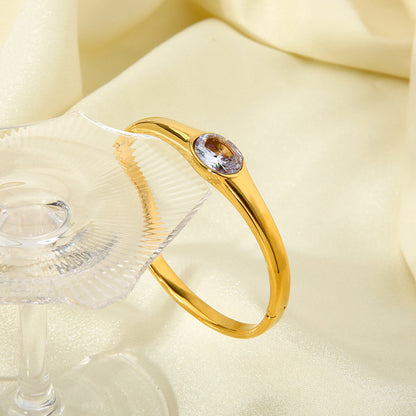 Oval Bangle For Women In Metal Featuring 18K Real Gold Plating And Zircon Inlay