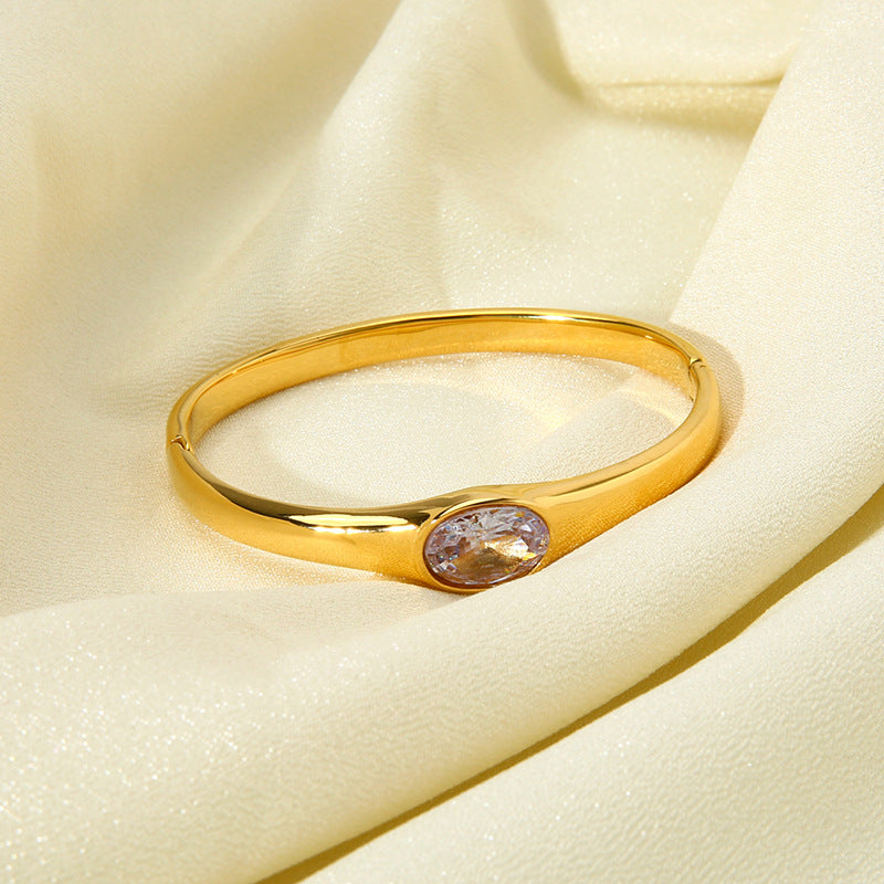Oval Bangle For Women In Metal Featuring 18K Real Gold Plating And Zircon Inlay