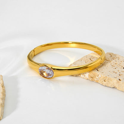 Oval Bangle For Women In Metal Featuring 18K Real Gold Plating And Zircon Inlay