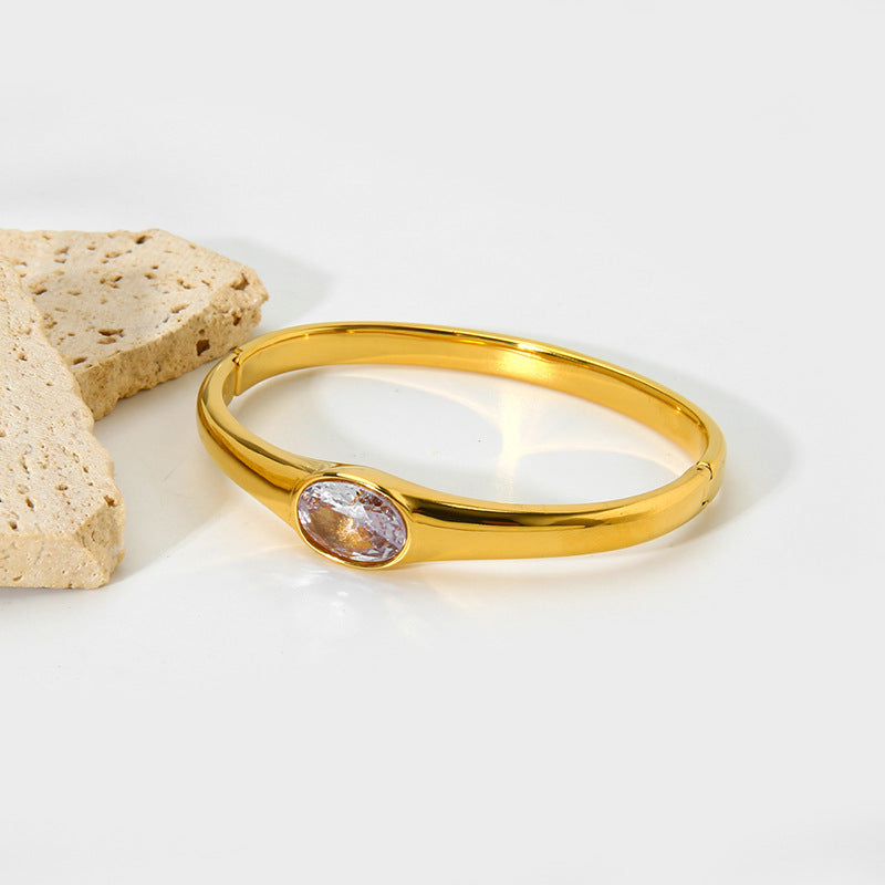 Oval Bangle For Women In Metal Featuring 18K Real Gold Plating And Zircon Inlay