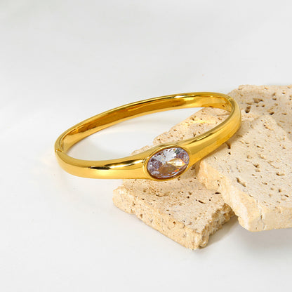 Oval Bangle For Women In Metal Featuring 18K Real Gold Plating And Zircon Inlay