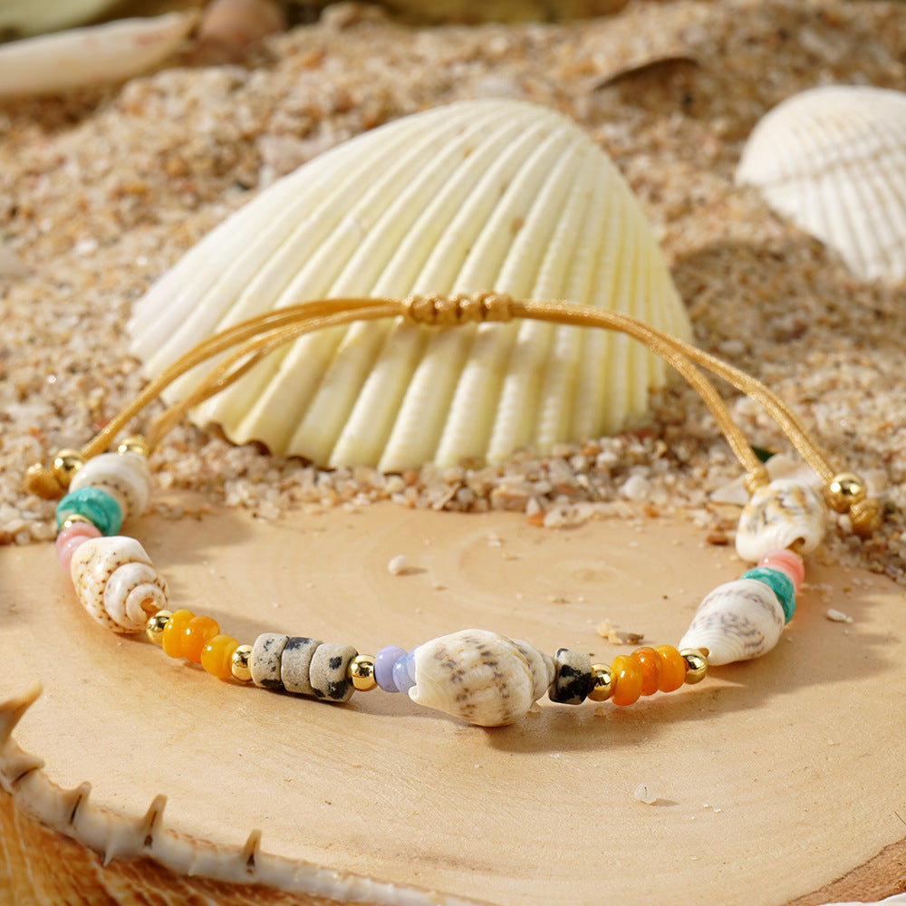 Bohemian Style Shell Semi-Precious Stone Spacer Copper Bead Bracelet Multifunctional Geometric Pattern Unisex Daily Wear Black