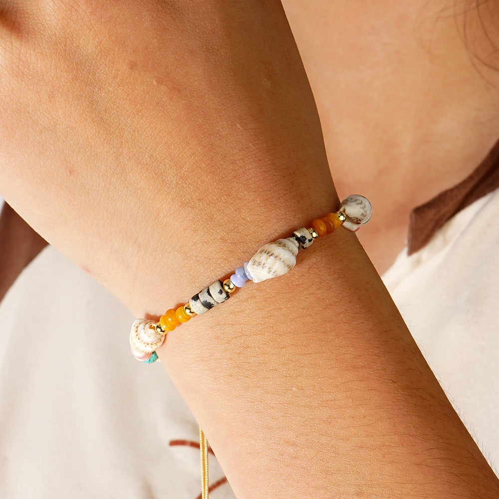 Bohemian Style Shell Semi-Precious Stone Spacer Copper Bead Bracelet Multifunctional Geometric Pattern Unisex Daily Wear Black