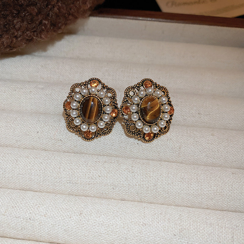 Round Enamel Stud Earrings For Women With Resin And Rhinestone Inlay, Electroplated Gold Plating Process