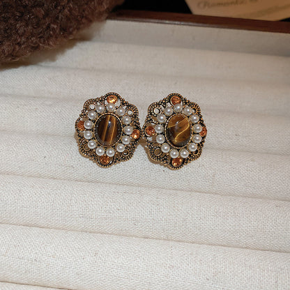 Round Enamel Stud Earrings For Women With Resin And Rhinestone Inlay, Electroplated Gold Plating Process