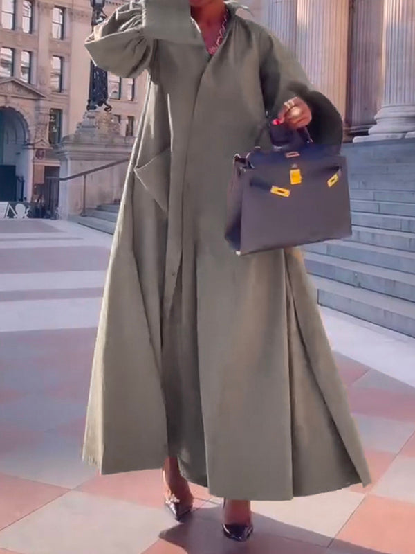 Long Sleeves Loose Solid Color Split-Joint Split-Side Lapel Maxi Dresses Shirt Dress