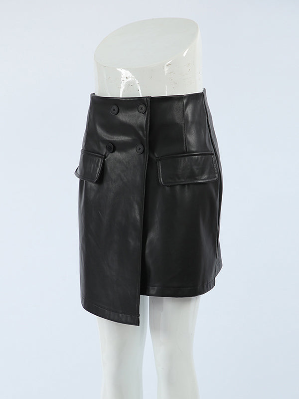 A-Line High Waisted Asymmetric Buttoned Solid Color Split-Joint Skirts Bottoms