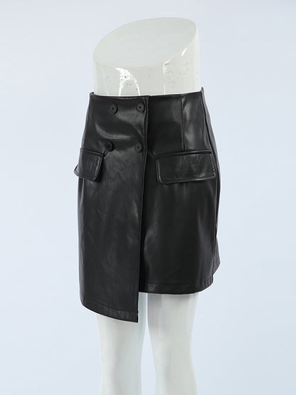 A-Line High Waisted Asymmetric Buttoned Solid Color Split-Joint Skirts Bottoms