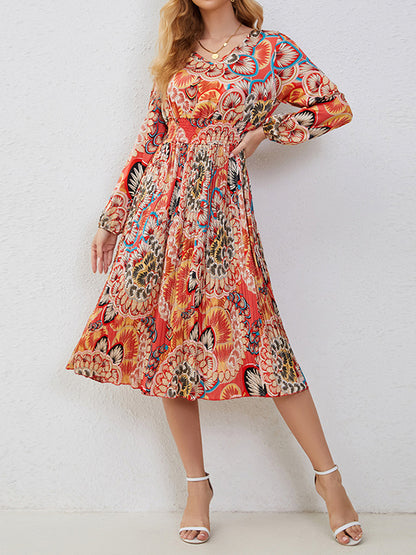 A-Line Bishop Sleeve Elasticity Flower Print Pleated V-Neck Midi Dresses