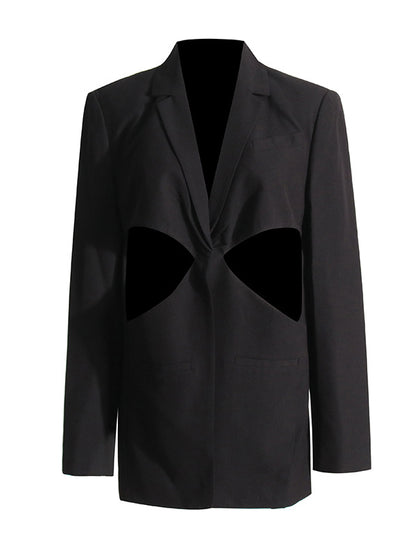 Long Sleeves Loose Hollow Knot Solid Color Notched Collar Blazer