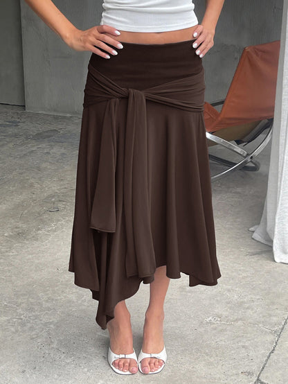 Tied Waist Solid Color Pleated High Waisted Skirts Bottoms