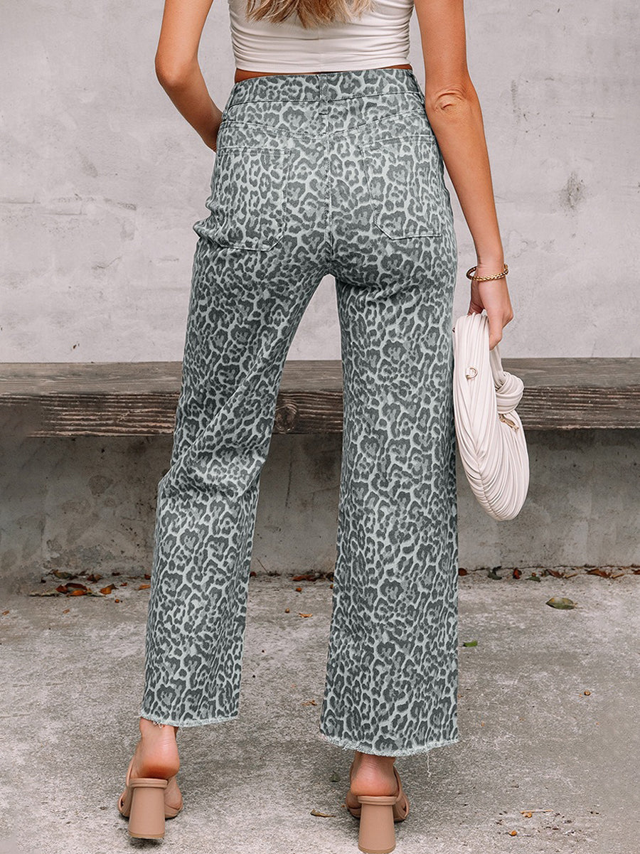 High Waisted Leopard Pockets Jean Pants Bottoms