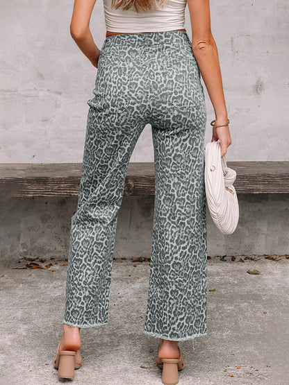 High Waisted Leopard Pockets Jean Pants Bottoms