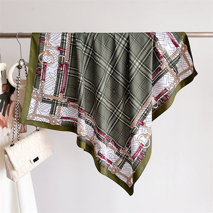 Silk Scarf In Wine Red Featuring Printing And Lines, Made Of Polyester, Perfect For Autumn