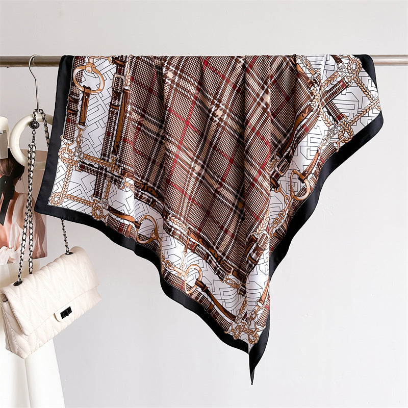 Silk Scarf In Wine Red Featuring Printing And Lines, Made Of Polyester, Perfect For Autumn