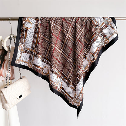 Silk Scarf In Wine Red Featuring Printing And Lines, Made Of Polyester, Perfect For Autumn