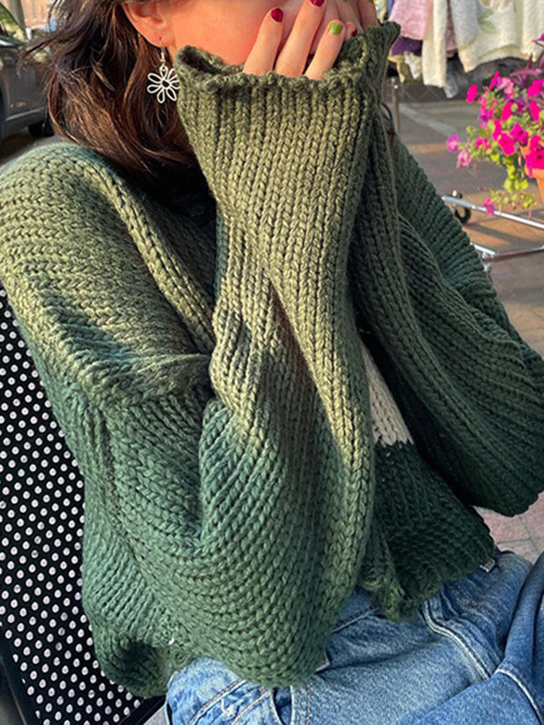 Long Sleeves Loose Contrast Color Split-Joint Round-Neck Sweater Tops