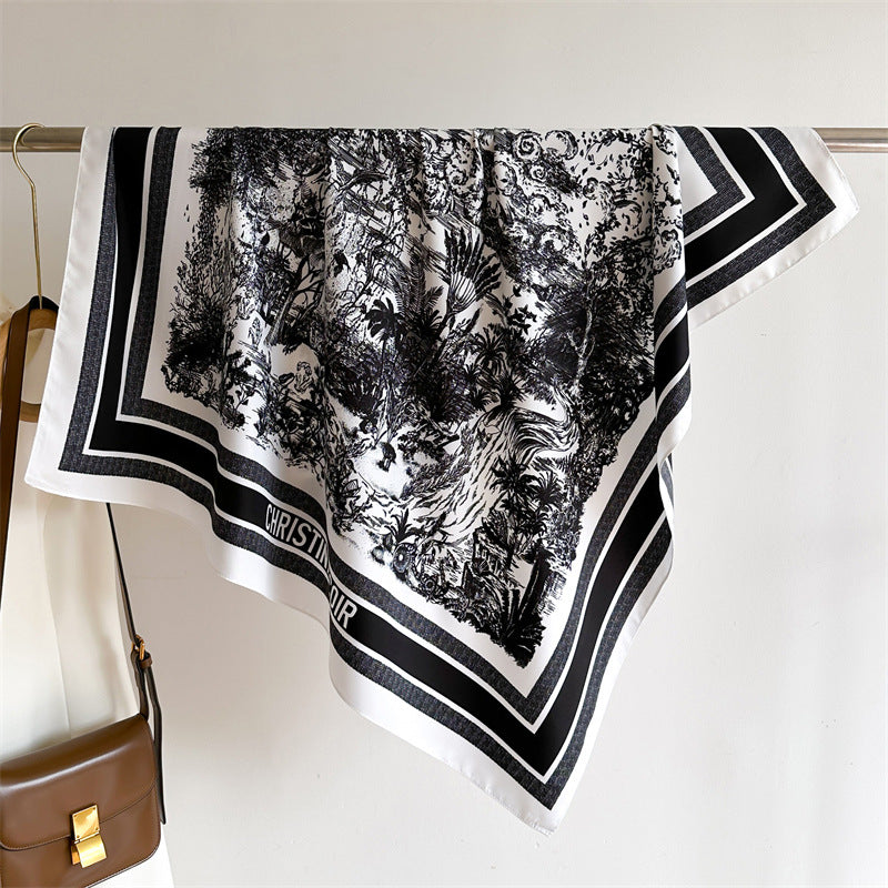 Silk Scarf In Wine Red Featuring Printing And Lines, Made Of Polyester, Perfect For Autumn