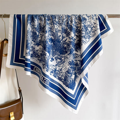 Silk Scarf In Wine Red Featuring Printing And Lines, Made Of Polyester, Perfect For Autumn
