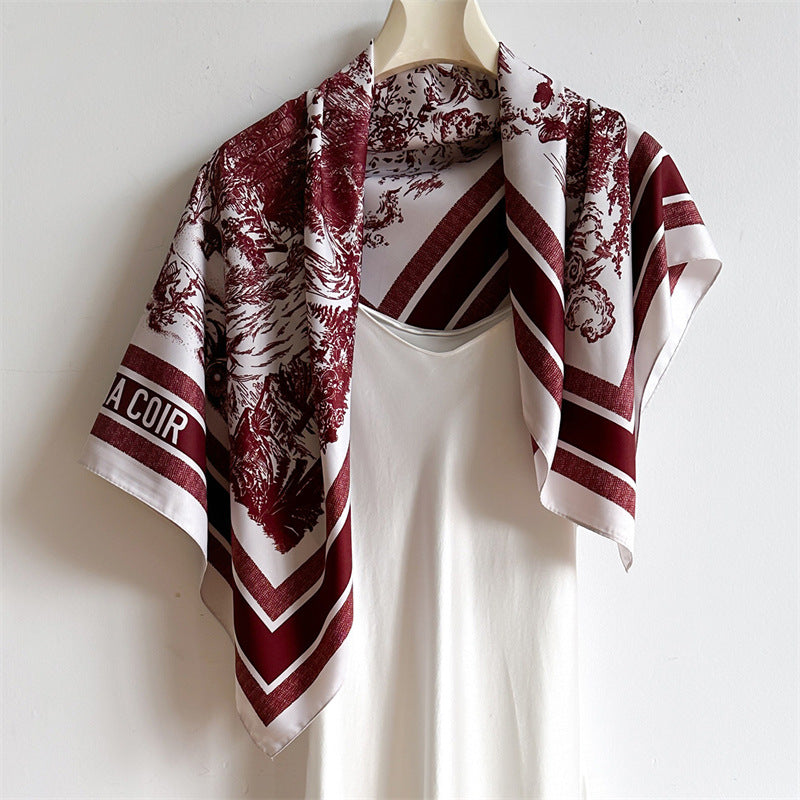 Silk Scarf In Wine Red Featuring Printing And Lines, Made Of Polyester, Perfect For Autumn