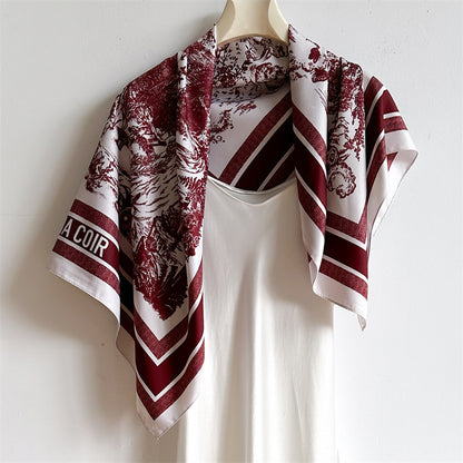 Silk Scarf In Wine Red Featuring Printing And Lines, Made Of Polyester, Perfect For Autumn