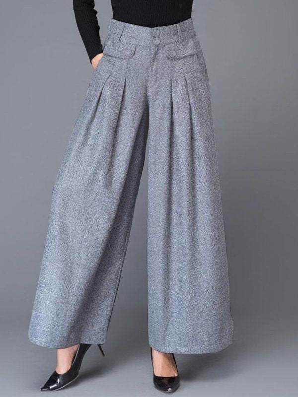 Loose Wide Leg Buttoned No Belt Pleated Pockets Solid Color Split-Joint Pants Trousers