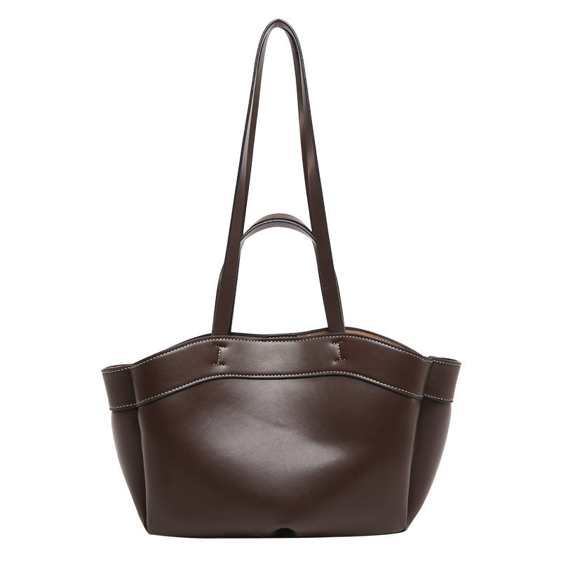 Women's PU Leather Bucket Tote Bag With Sewing Thread Detail, Top Handle, Perfect For Autumn And Winter