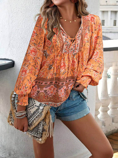 Long Sleeves Loose Contrast Color Drawstring Flower Print Pleated Split-Joint V-Neck Blouses&Shirts Tops