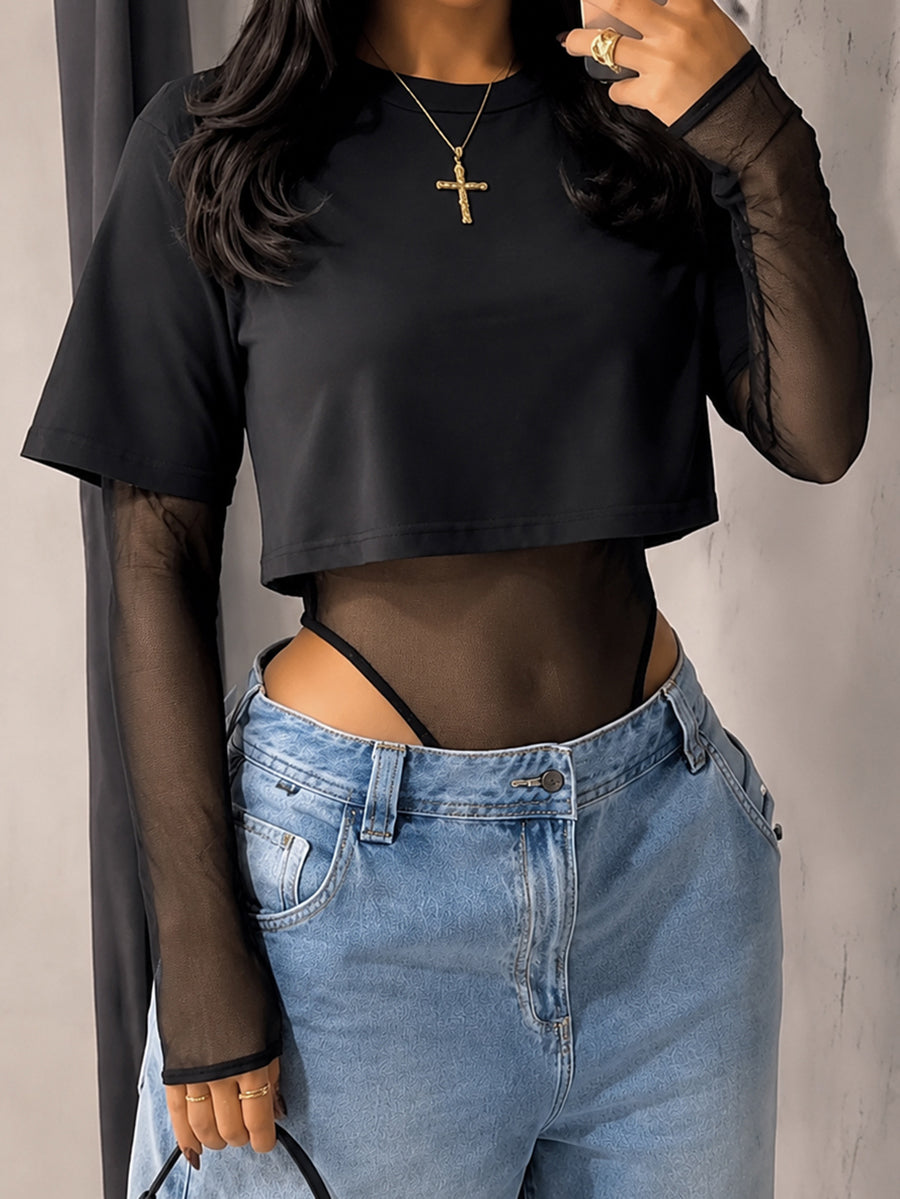 Solid Color See-Through Long Sleeves High Waisted Round-neck Bodysuits