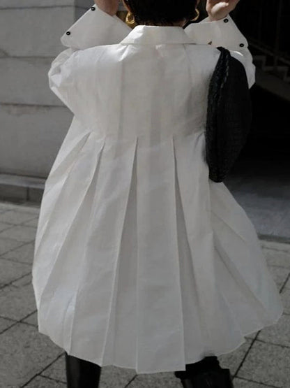 Long Sleeves Buttoned Pleated Solid Color Lapel Midi Dresses Shirt Dress