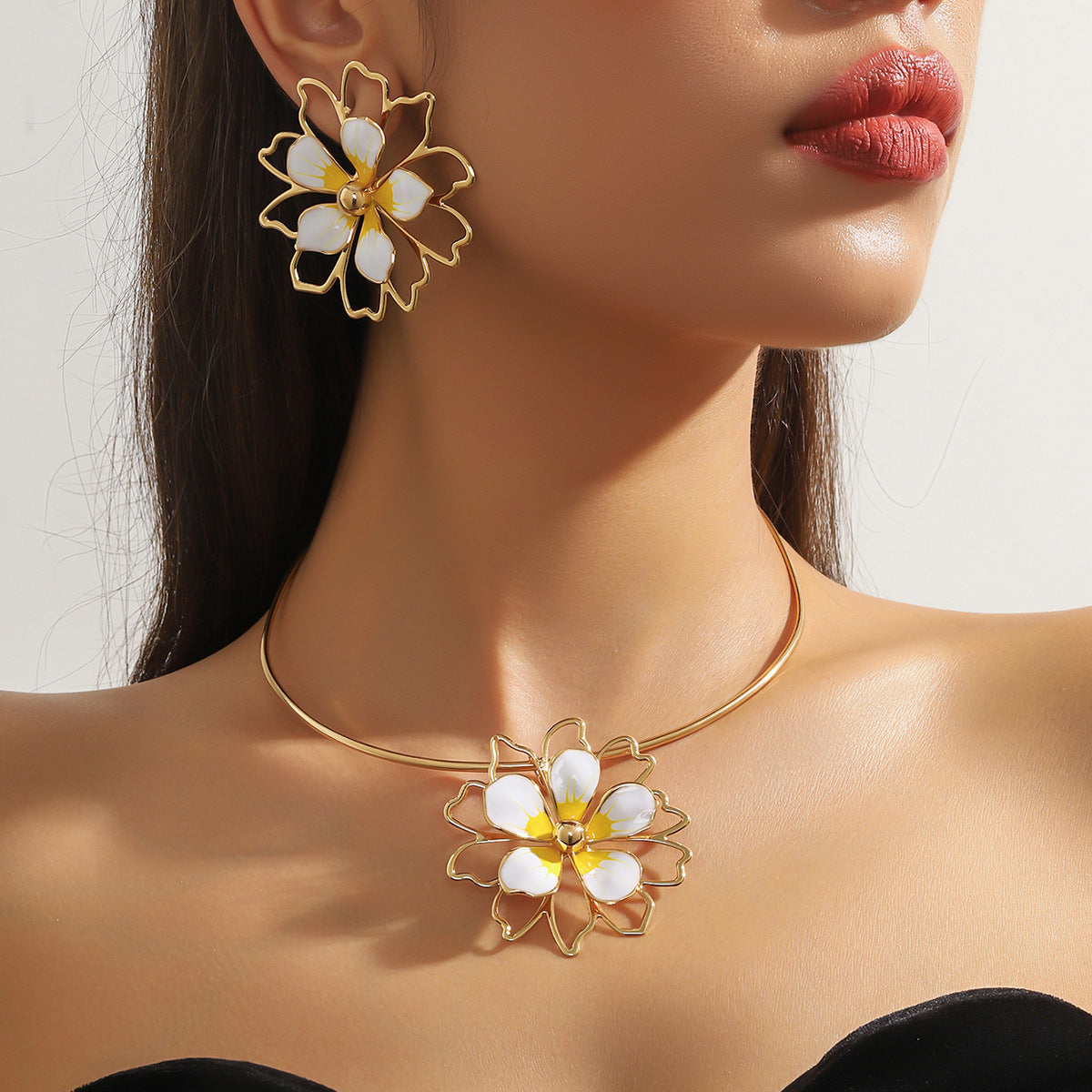 Metal Heart Necklace Earrings Set For Women Minimalist Simple Jewelry Accessories Floral Glass Inlay