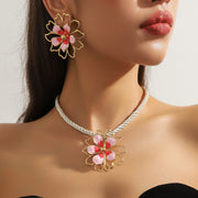 2# T2572 Pink Oil Drop Flower (Necklace + Earrings)