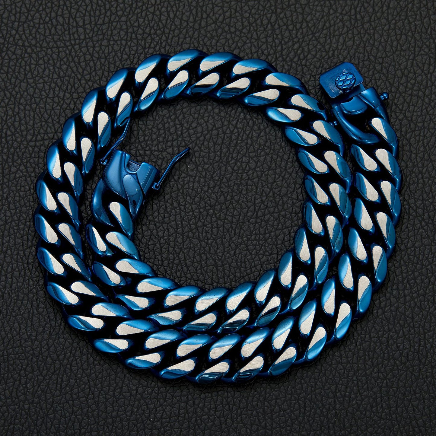 Men's Hip-Hop Blue Cuban Chain Link Necklace In 304 Stainless Steel Featuring Cuban Link Chain Curb Chain