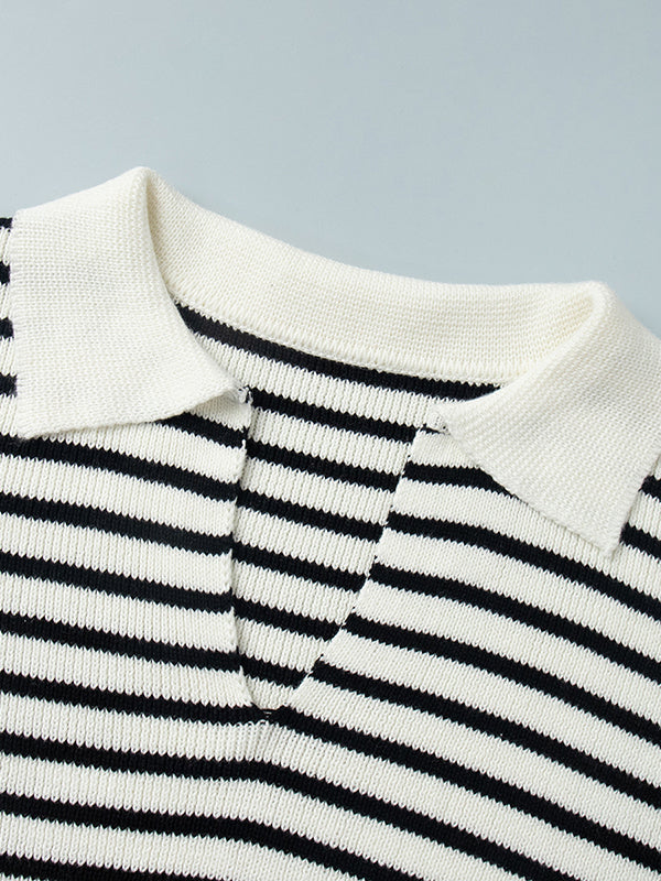 Long Sleeves Loose Split-Joint Striped Lapel Sweater Tops