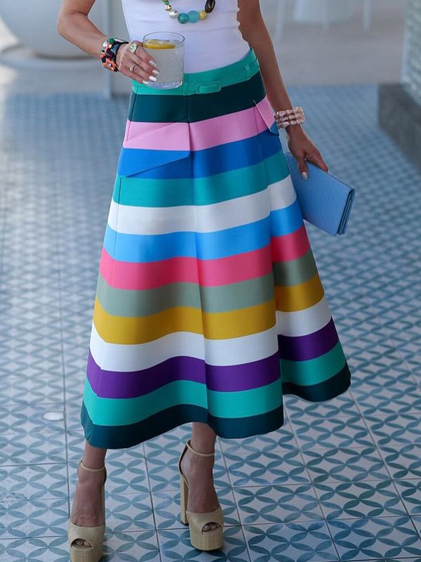 A-Line Loose Belted Contrast Color Split-Joint Striped Skirts Bottoms