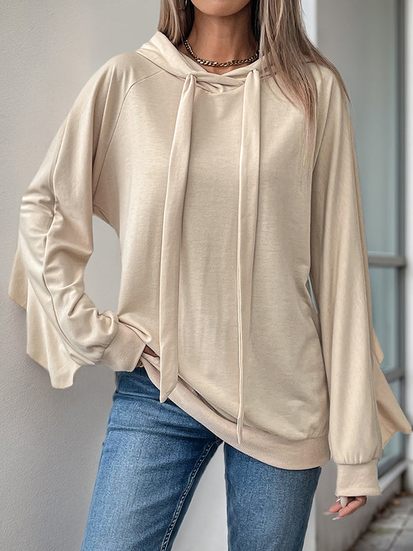 Long Sleeves Loose Drawstring Ruffle Trim Solid Color Split-Joint Hoodies Tops