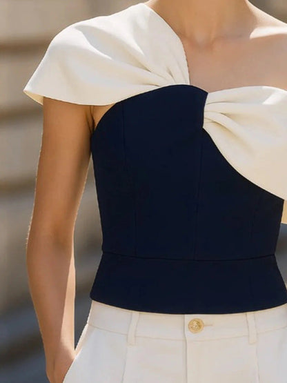 Loose Asymmetric Contrast Color Pleated Split-Joint One-Shoulder Blouses&Shirts Tops