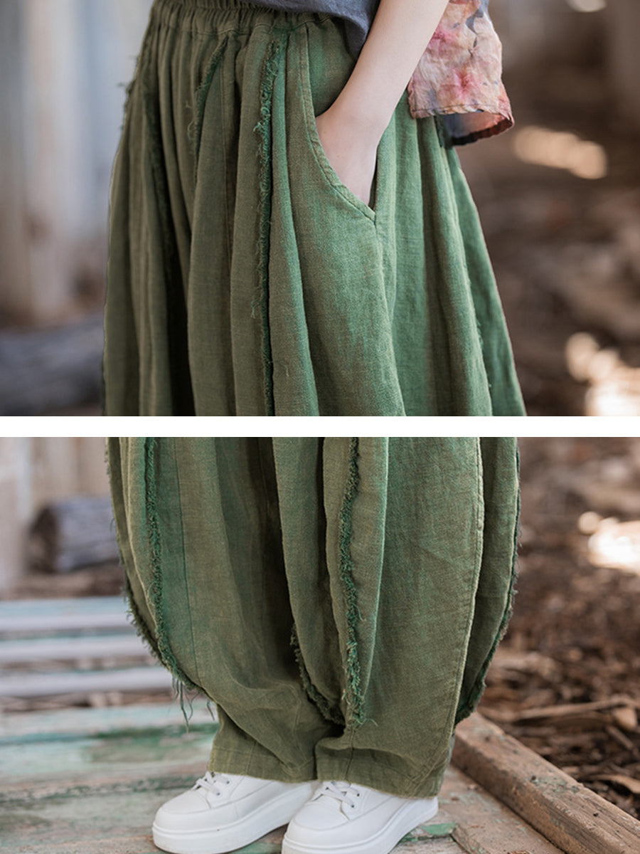 Women Summer Retro Solid Raw-edge Spliced Loose Bloomers