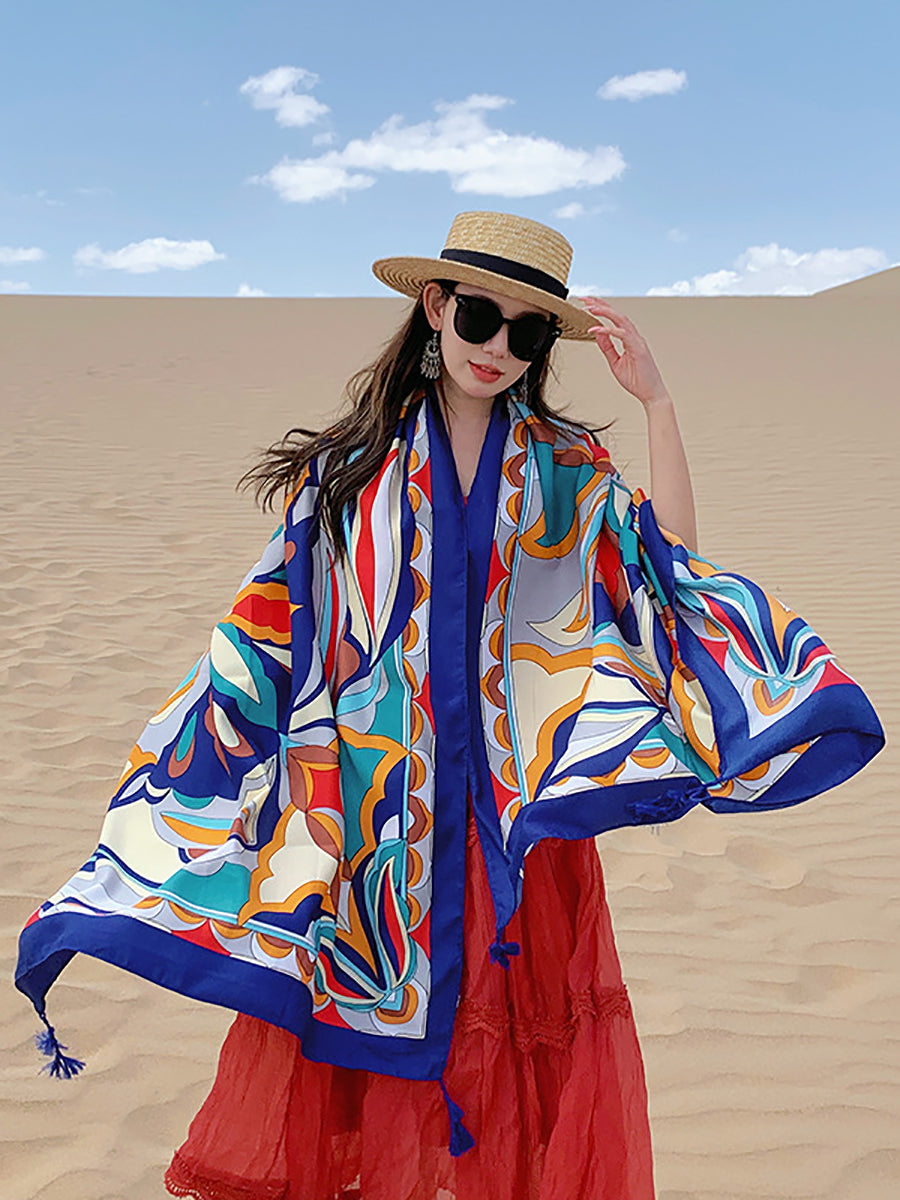Women Ethnic Print Tassel Shawl Scarf
